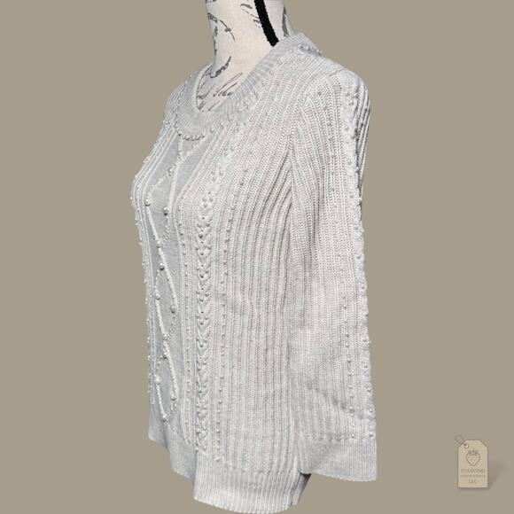 Karl Lagerfeld Paris Sweater XS Ivory Pearl Embellished Cable Knit Crew Neck - Picture 4 of 7